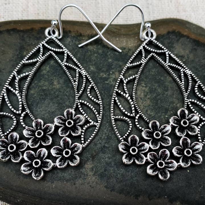 Silver Floral Filigree Teardrop Drop Dangle Earrings for wholesale by Tiger Flower Jewelry