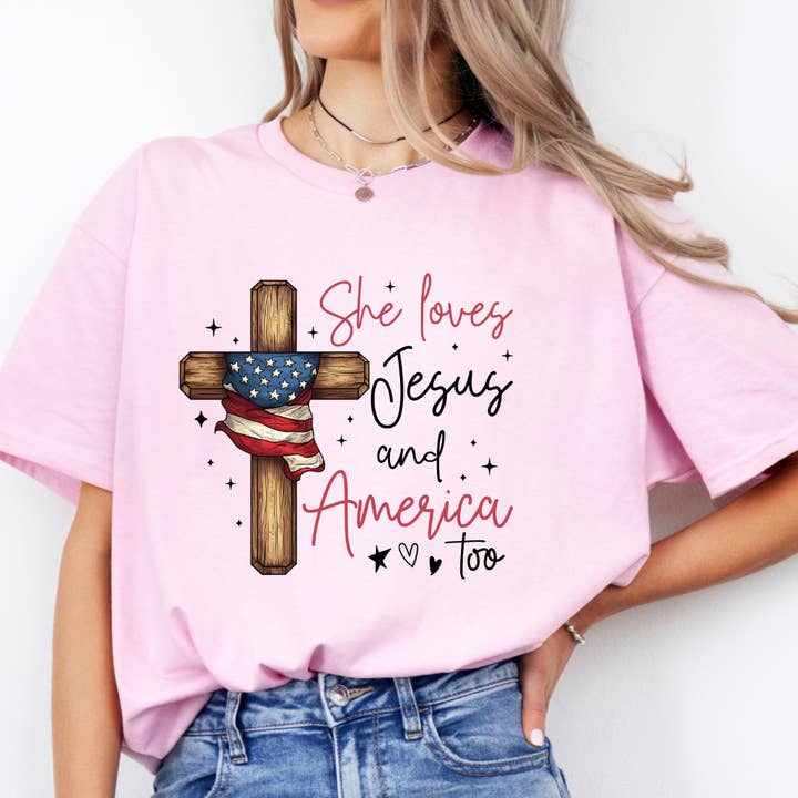 She Loves Jesus And America 4th of July Tee for wholesale by Londas Tees and Tumblers