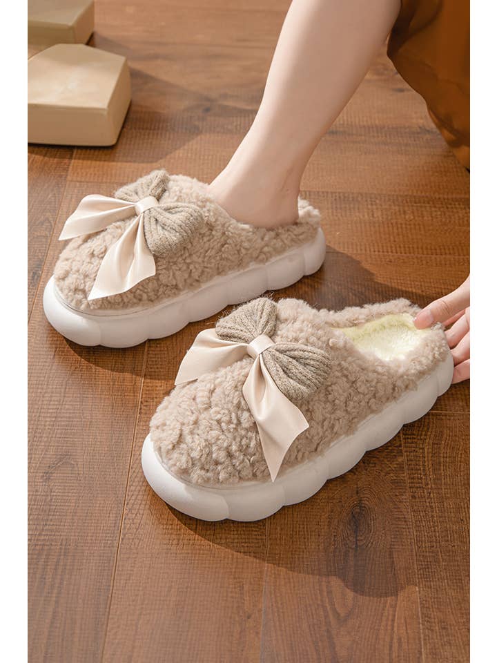 Little Daisy Closet - Wholesale Slippers - Women's - LDC Contrast Bowknot Applique Plush Winter Slippers