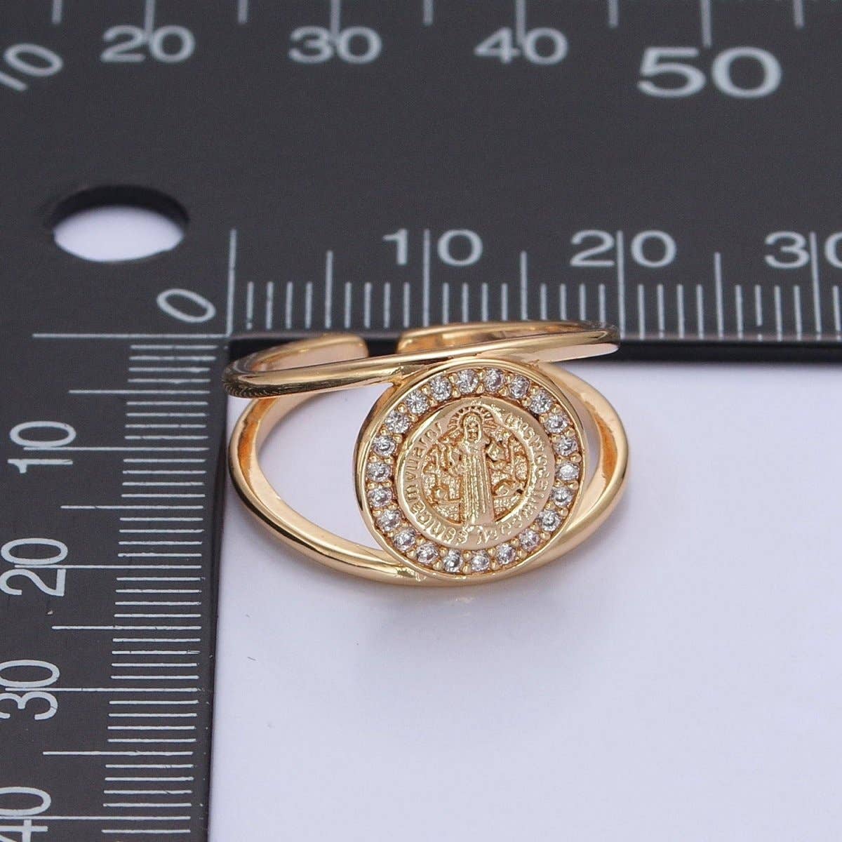 Aim Eternal - Vente Bague de cocktail/de cérémonie - Bague Saint Benoît en or, bijoux religieux, bague ajustable ouverte O-7463