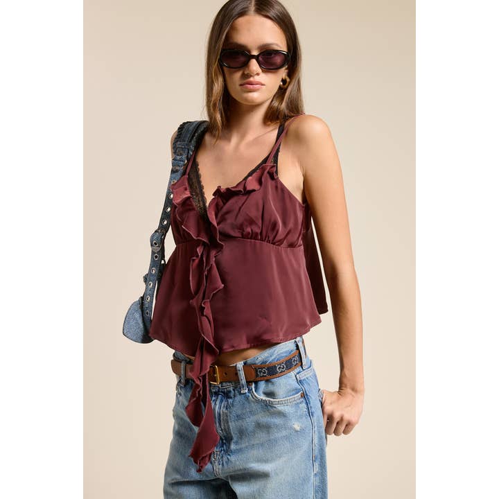 Silky Ruffle V Neck Cropped Camisole and other Purchase Wholesale camicia. Free Returns & Net 60 Terms on Faire trending on Faire.