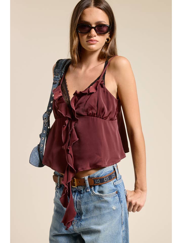 Mimosa - Wholesale Camisole - Women's - Silky Ruffle V Neck Cropped Camisole0