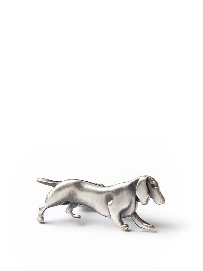 Fermacravatta per cani Blame the Dog Weenie, in metallo argentato anticato per la vendita all'ingrosso da parte di Alynn