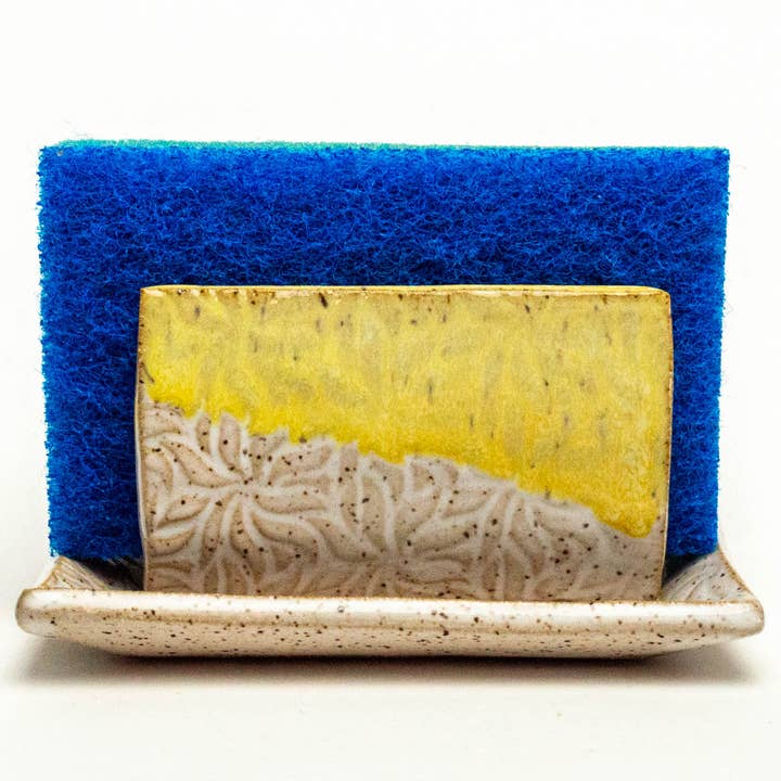 Porta spugna in ceramica gialla e bianca fatta a mano per la vendita all'ingrosso da parte di White Squirrel Clayworks