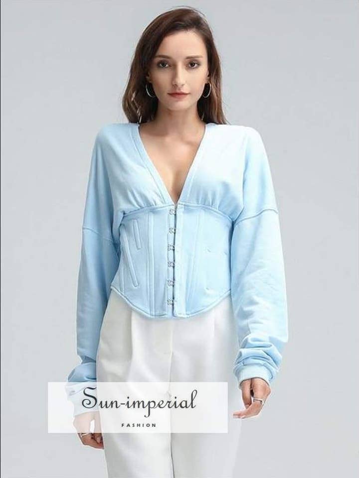 Damen Hellblau Korsett Style Langarm Hoodie für den Großhandel von Sun Imperial