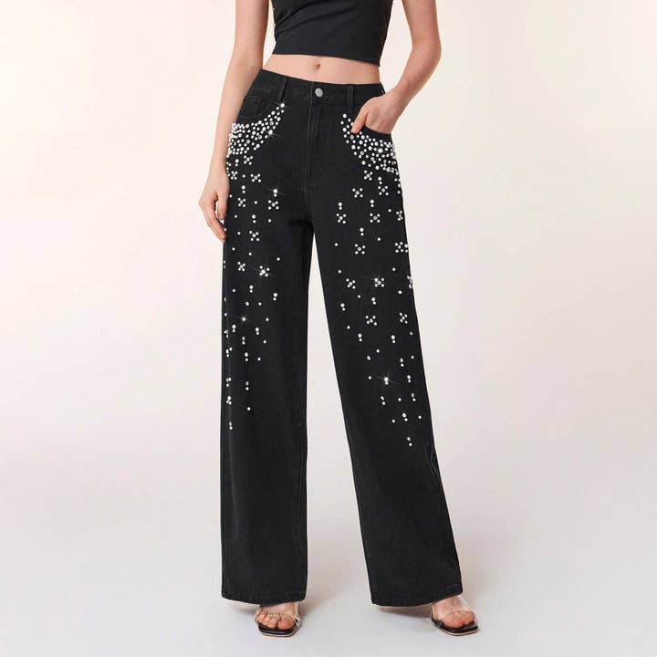 HIDDENBRAND - Wholesale Jeans - Women's - Graceful stylish faux pearl beaded straight wide-leg jeans5