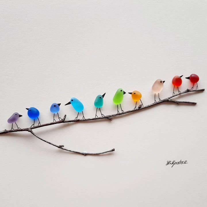 UrchinArtworks - Wholesale Art print - Rainbow Birds on Branch Sea Glass Picture Wall Art Decor3