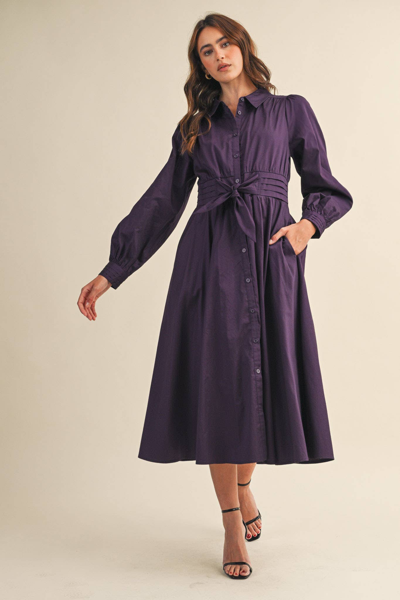 &MERCI - Wholesale Dress - Women's - PINTUCK WAIST TIE FRONT MIDI DRESS MDR42194