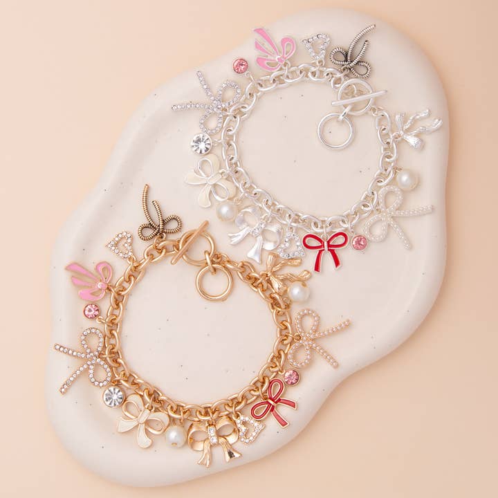 SP Sophia Collection - Wholesale Charm/Dangle Bracelet - Crystal Rhinestone & Pearl Embellished Bow Charm Bracelet2
