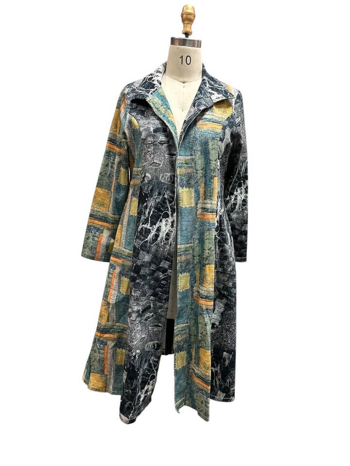 Cardigã Comprido Aberto à Frente com Estampado Multicolorido de Algodão Dourado Lie por atacado de Kamana