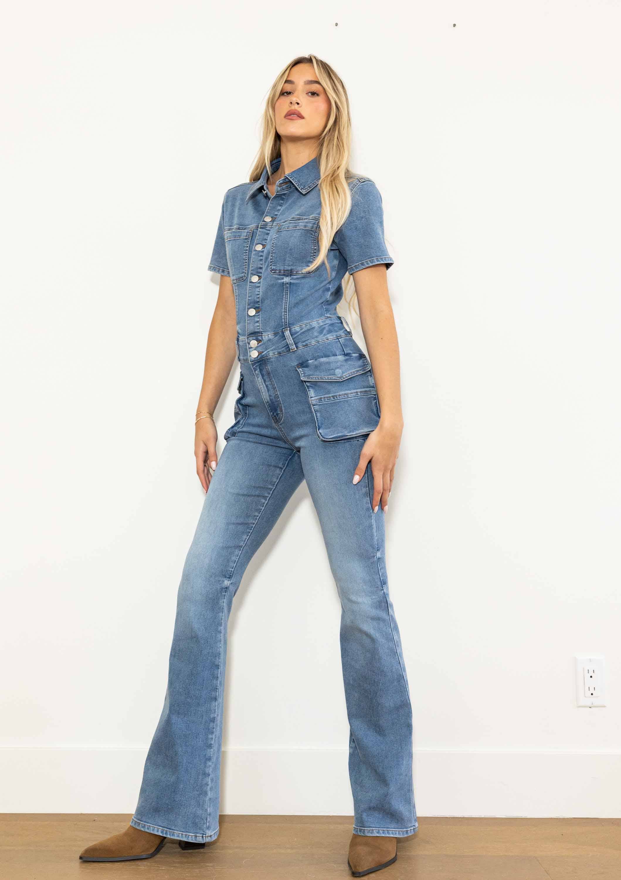 Medium Stone Out Of The Wild Cargo Denim Jumpsuit for wholesale on Faire2