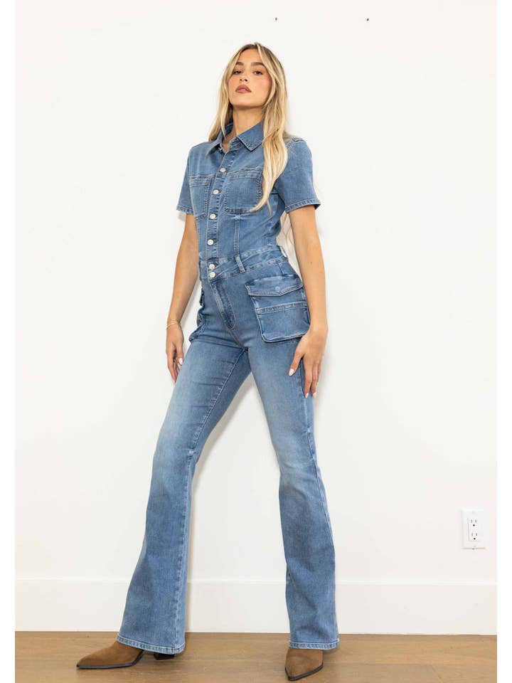 Medium Stone Out Of The Wild Cargo Denim Jumpsuit for wholesale on Faire2
