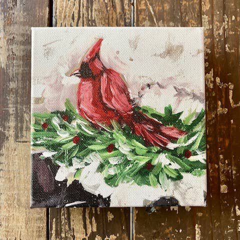 Cardinal canvas art print, mantle shelf Christmas decor for wholesale by Rustic Nester