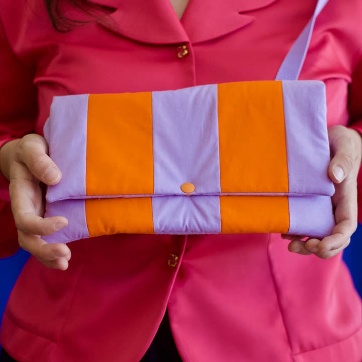 Striped puffer bag with macrame handle - Orange & Lilac for wholesale by Pikto3000