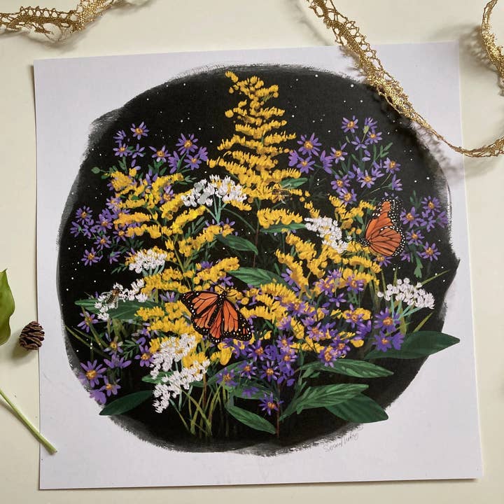 Serena Niesley - Wholesale Art Print - September (Goldenrod, Aster, Honeybee, Monarch) print 12x12