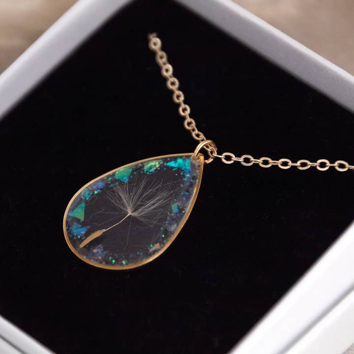 Elnora real dandelion iridescent glitter drop necklace for wholesale by Allie and Posie