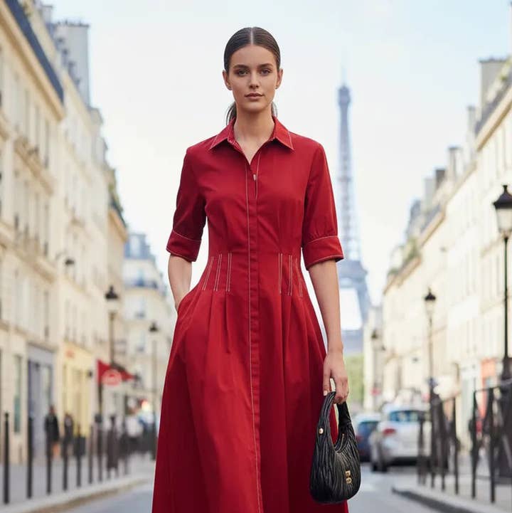 VAVA by Joy Han - Wholesale Dress - Women's - CONTRAST STITCH DETAIL W/SHORT SLEEVE MIDI DRESS1