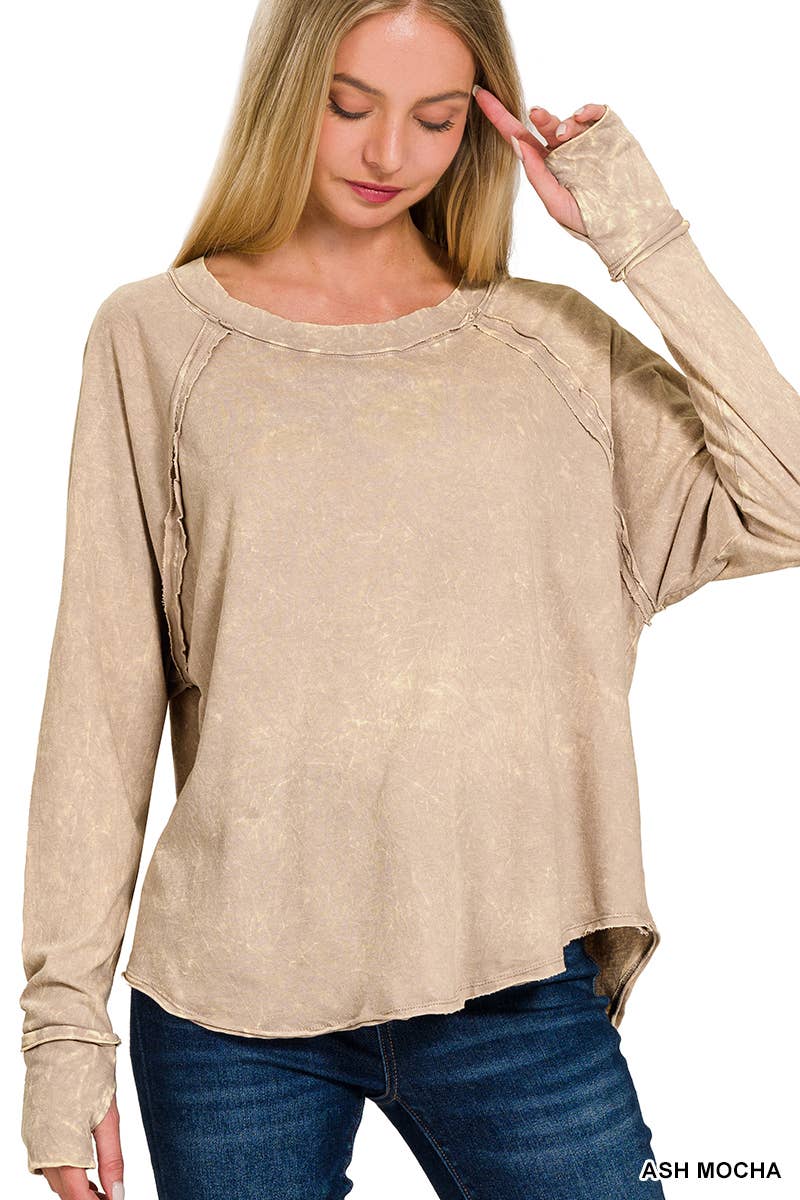 Vanilla Monkey - Wholesale T-Shirt - Women's - Washed Thumb Hole Cuffs Scoop-neck Long Sleeve Top1