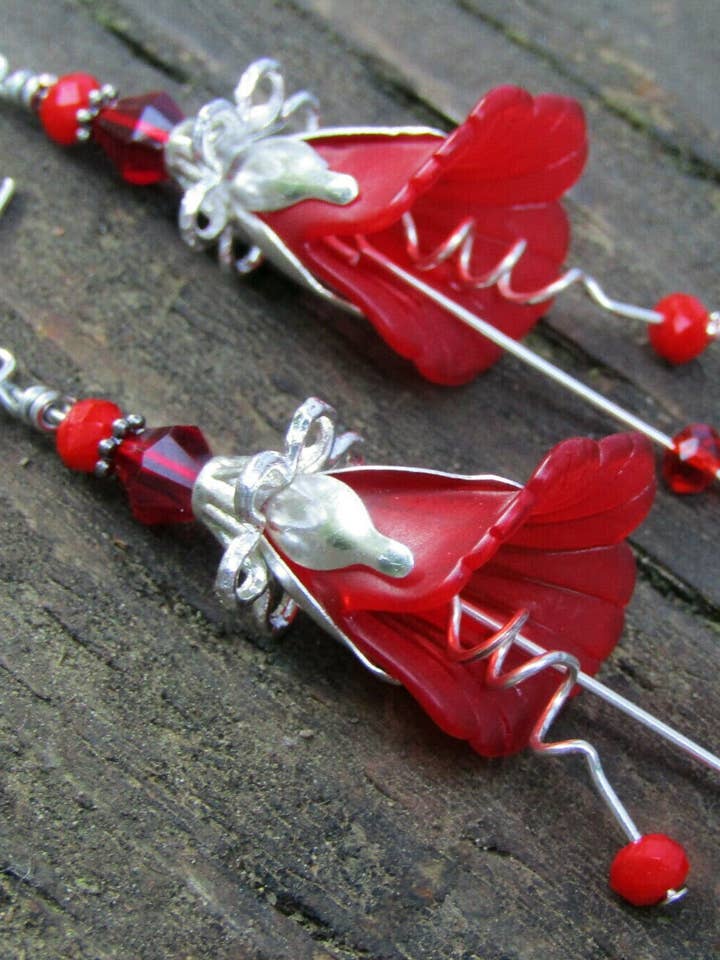 Lucite Flower Earrings Red Tulip Cala Lily Silver Dangle Earrings for wholesale by Bad Apple Designs