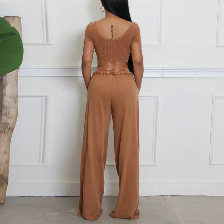 Rosa Clothing - Wholesale Top & Pant Set (NOT Loungewear) - Women's - Sexy U-Neck T-Shirt Wide-Leg Pants Two-Piece Set