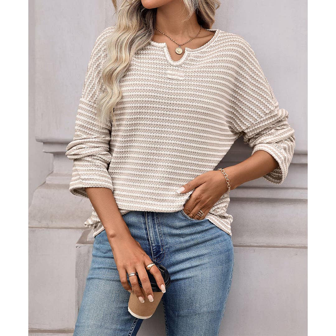 UNISHE - Wholesale Blouse - Women's - Striped Waffle Knit Long Sleeve Top MD2372