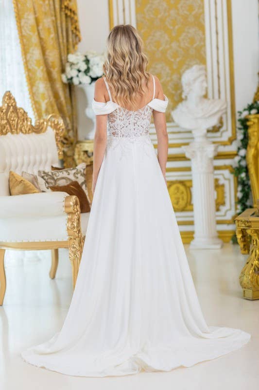 Off Weiß Schulterfreies Hochzeitskleid mit drapierten Ärmeln für den Großhandel auf Faire1