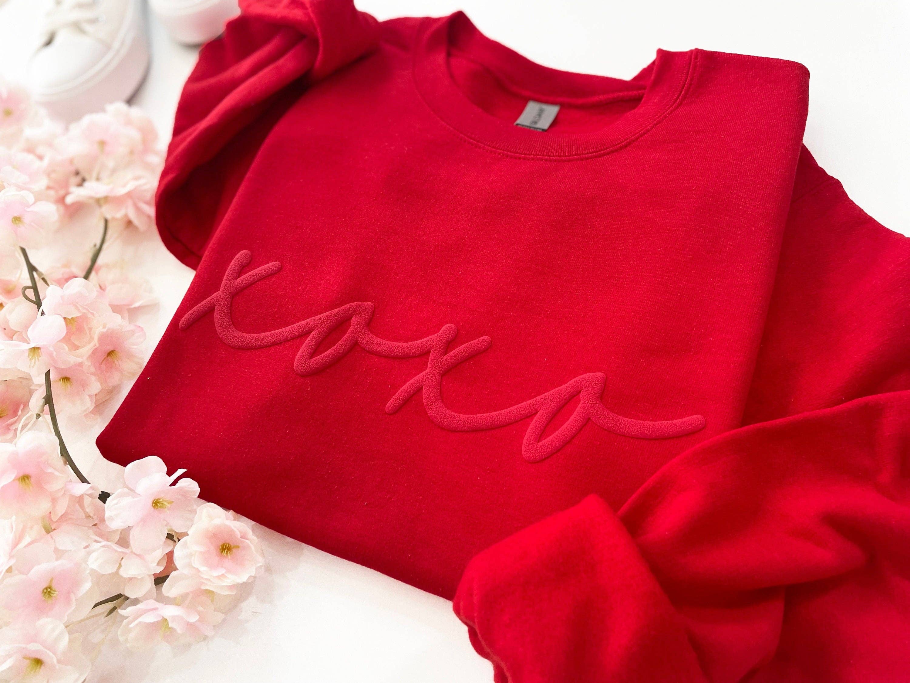 Red Womens Valentines Day Embossed XOXO Crewneck for wholesale on Faire2