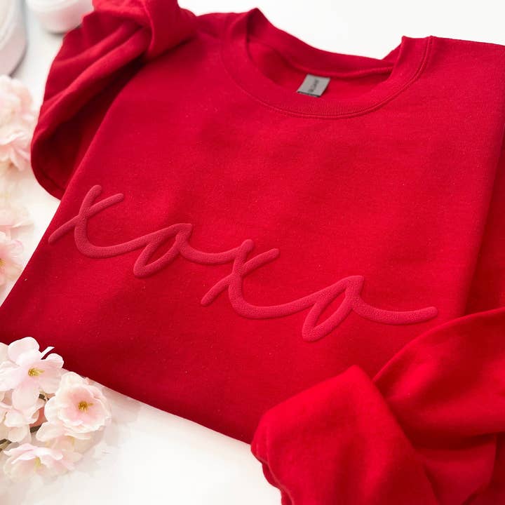 Red Womens Valentines Day Embossed XOXO Crewneck for wholesale on Faire2