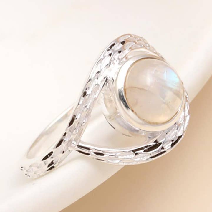 925 Sterling Silver Twisted Band Rainbow Moonstone Ring for wholesale by AG 925 JEWELLERY