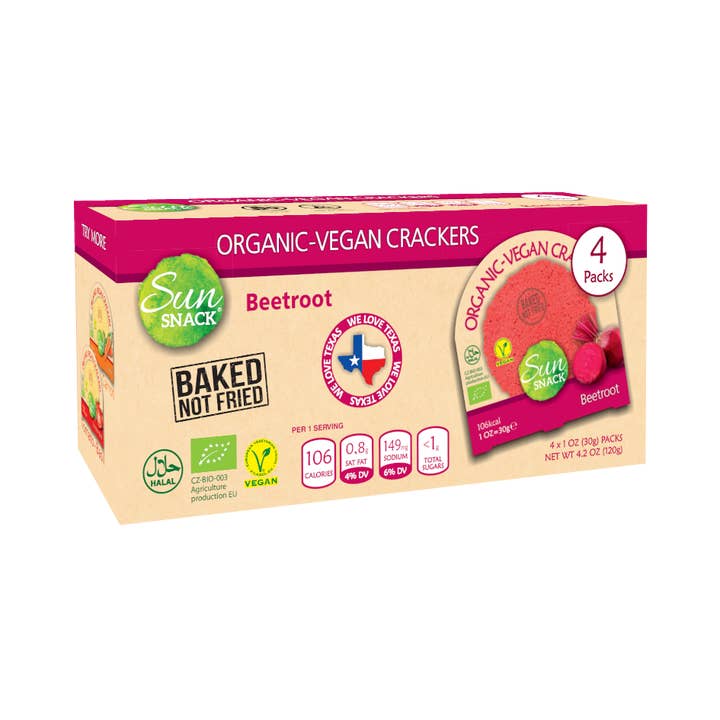 Sun Snack - Vente Biscuit salé - Craquelins à la betterave bio et végétaliens (4 x 30 g) Sachets