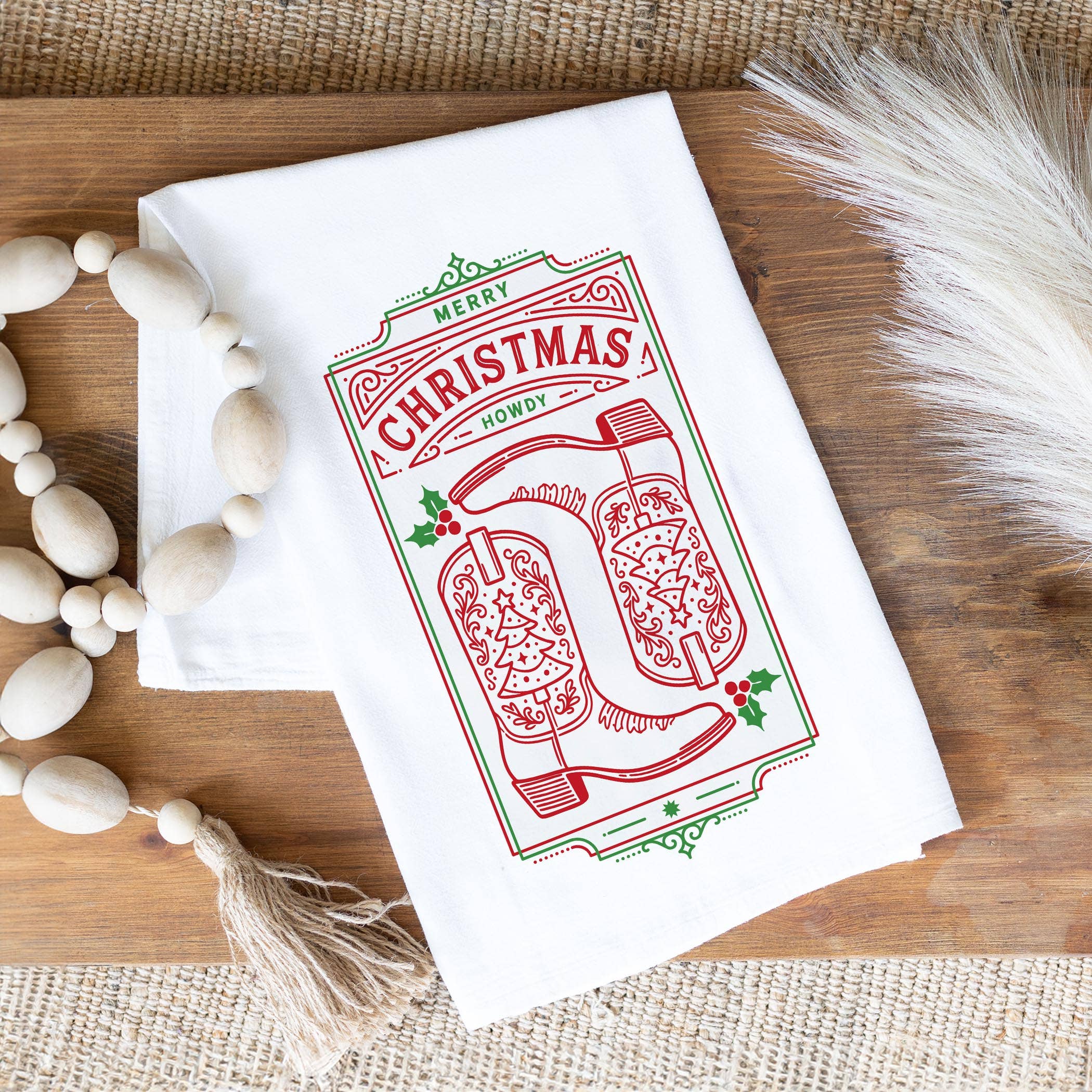 White Cotton Tea Towel White-Western Christmas for wholesale on Faire1