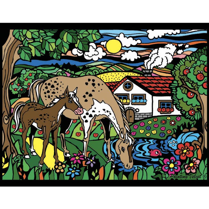 Naive Horses velvet drawing to color 100% Made in Italy for wholesale by Colorvelvet