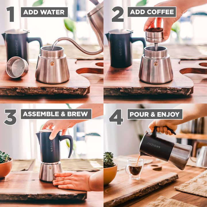 GROSCHE International – wholesale Espresso maker – GROSCHE MILANO Steel Stovetop Espresso Maker - Black
