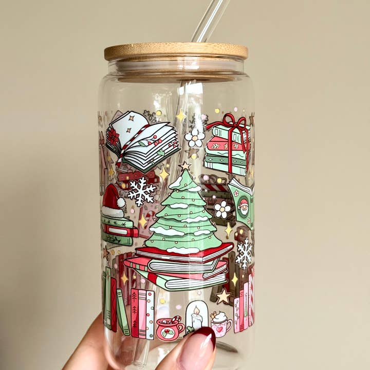 the cute cloud – wholesale Drinking glass/cup – Magical Christmas Books Double Sided Glass Cup + Lid & Straw2