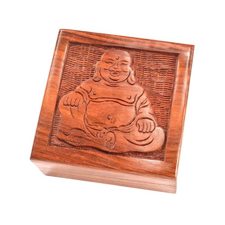 Scatola portagioie in legno intagliato con Buddha per la vendita all'ingrosso da parte di Crystal Magick Wholesale Ltd