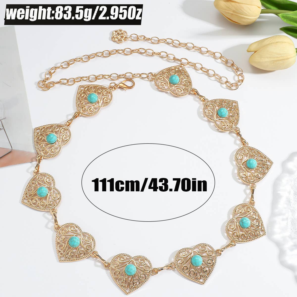 Tourtiwi - Wholesale Belt - Women's - Boho Heart Shape Turquoise - Inlaid Metal Waist Chain6