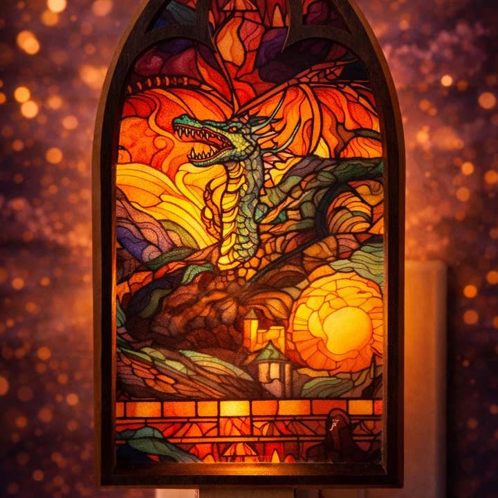 Led nightlight, dragon cathedral fantasy decor, stained glass style, mythical gothic lighting for wholesale by Form Hous
