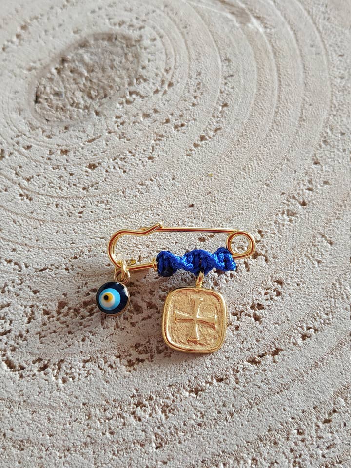 Mini Blue Square Cross Brooch for wholesale by Kalliopi P. Giannoula - Poppygshop