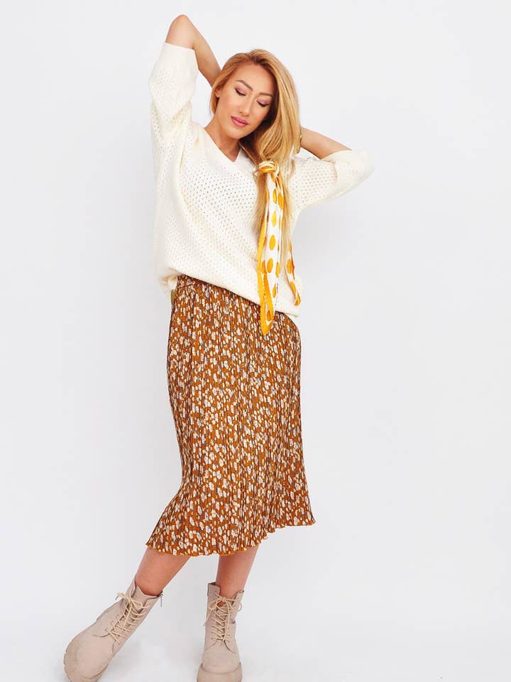 Jupe midi plissée à fleurs marron pour la vente par Kalimera Clothing Athens