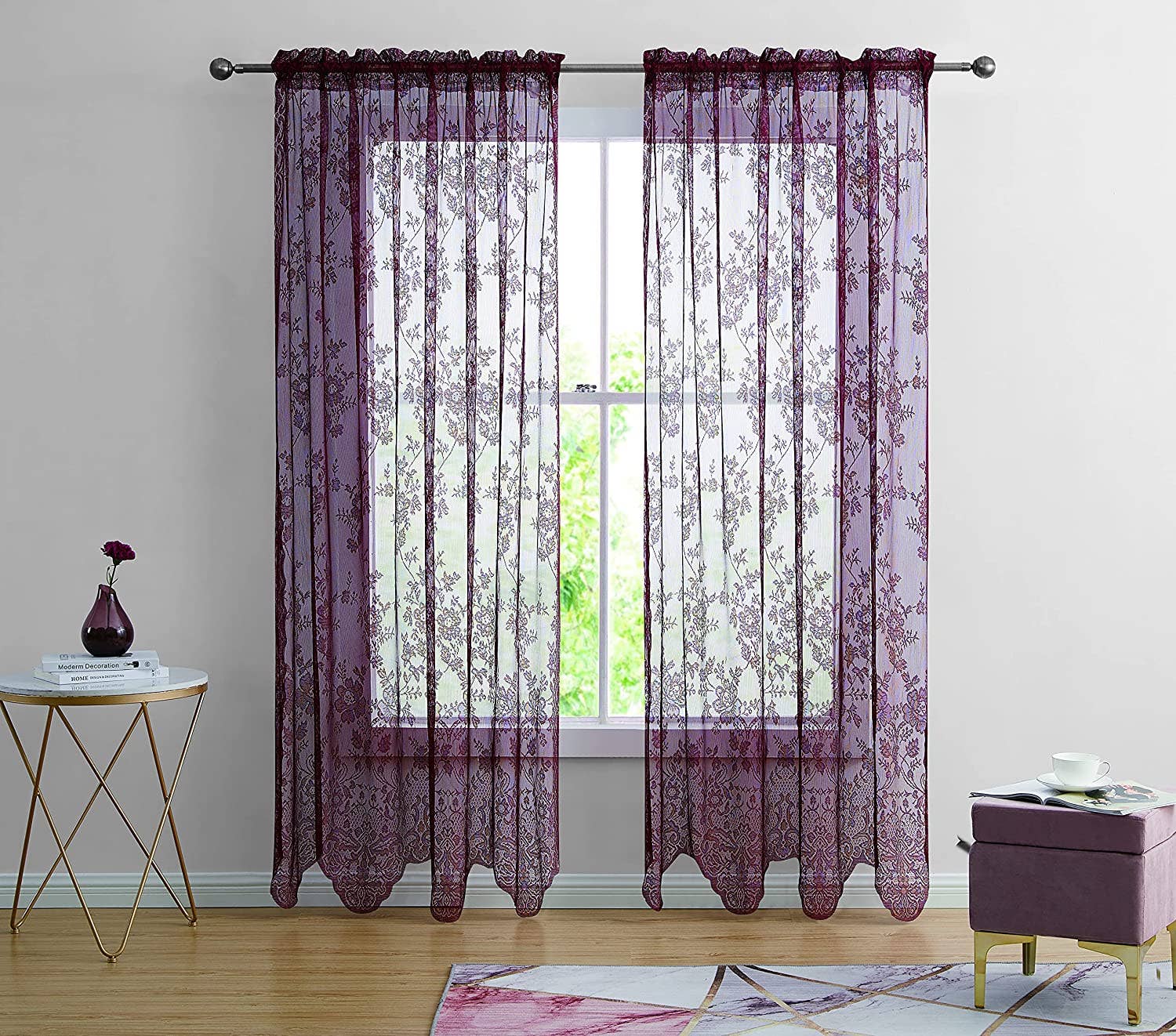 Jenin Home Furnishing Inc - Wholesale Curtain - 2pc Alison Sheer Flower Floral Lace Rod Pocket Curtain Panel5
