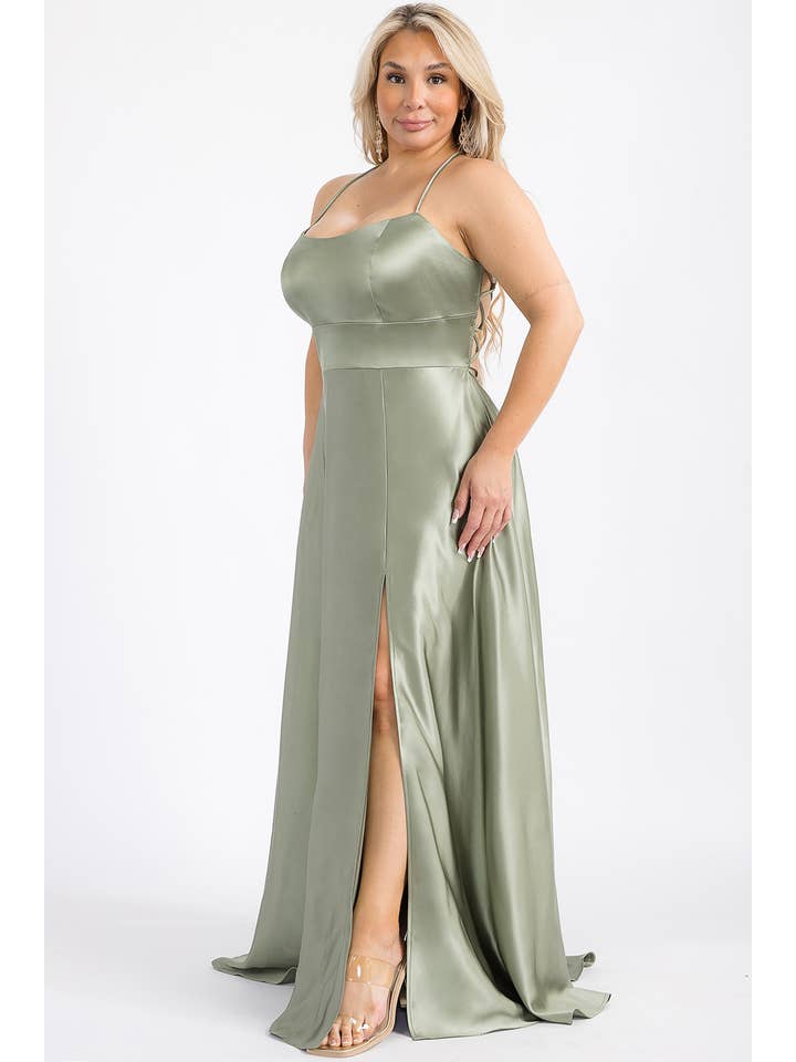 Maniju - Wholesale Gown - Women's - MF21160P PLUS SIZE SATIN DRESS WITH ELASTIC WAISTBAND 3