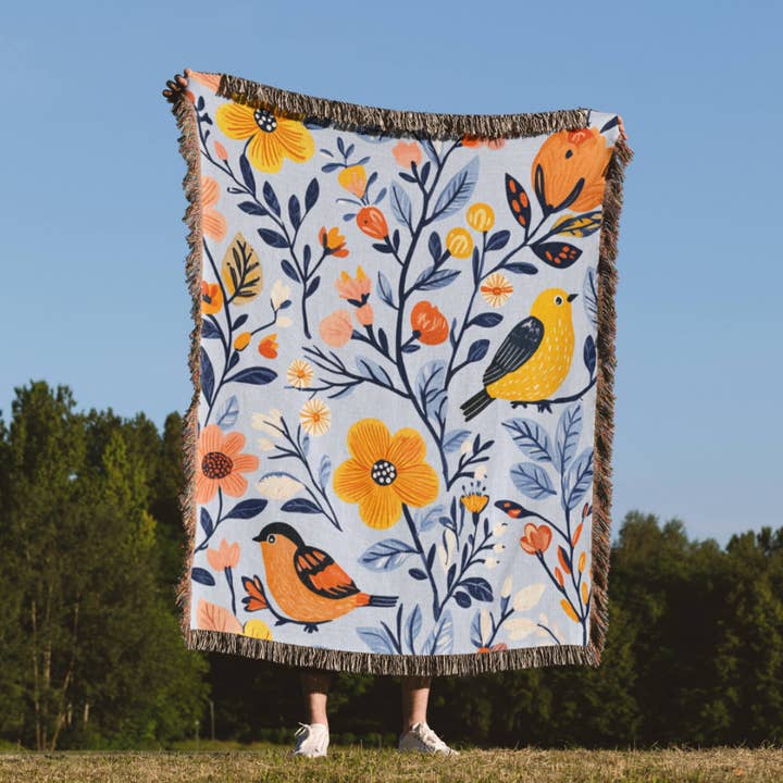Colorful Spring Birds Inspired Woven Blanket for wholesale by Havelli Studio