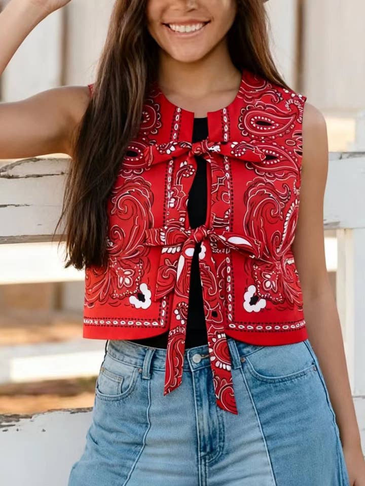 Casual Paisley Ethnic Style Crewneck Bow Tie Vest for wholesale by Rosa Clothing
