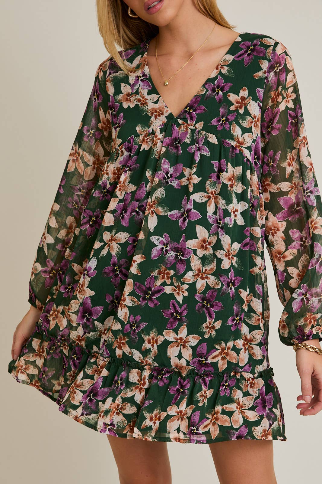 L/S V-NECK MERROW HEM FLORAL DRESS for wholesale on Faire4