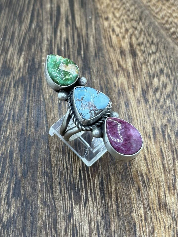 Native Navajo Handmade Sterling Silver Mixed Stone Turquoise Cluster Ring Size 9 for wholesale by Native City Jewelry