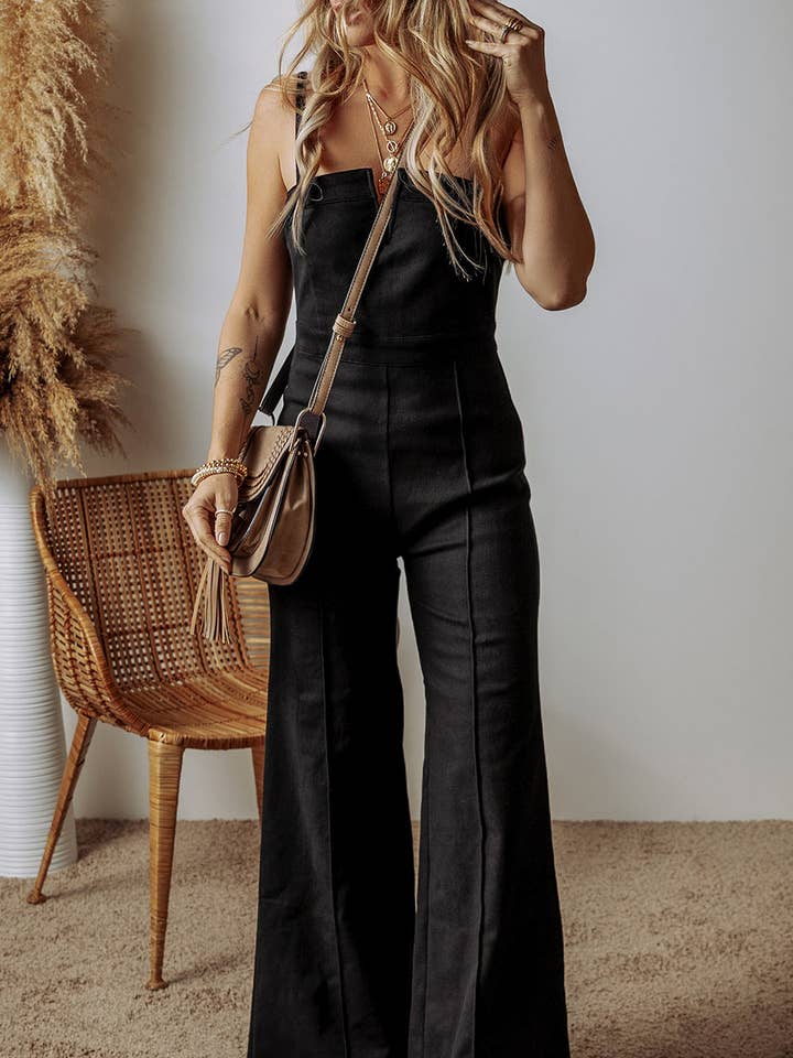FULL TIME PURCHASE - Wholesale Jumpsuit - Women's - Seamed Zipper Spaghetti Strap High Waist Flared Jumpsuit