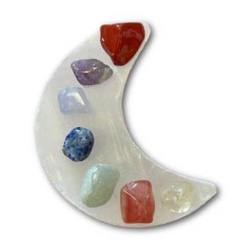 Selenite Moon with Chakra Chips for wholesale by Crystal Magick Wholesale Ltd