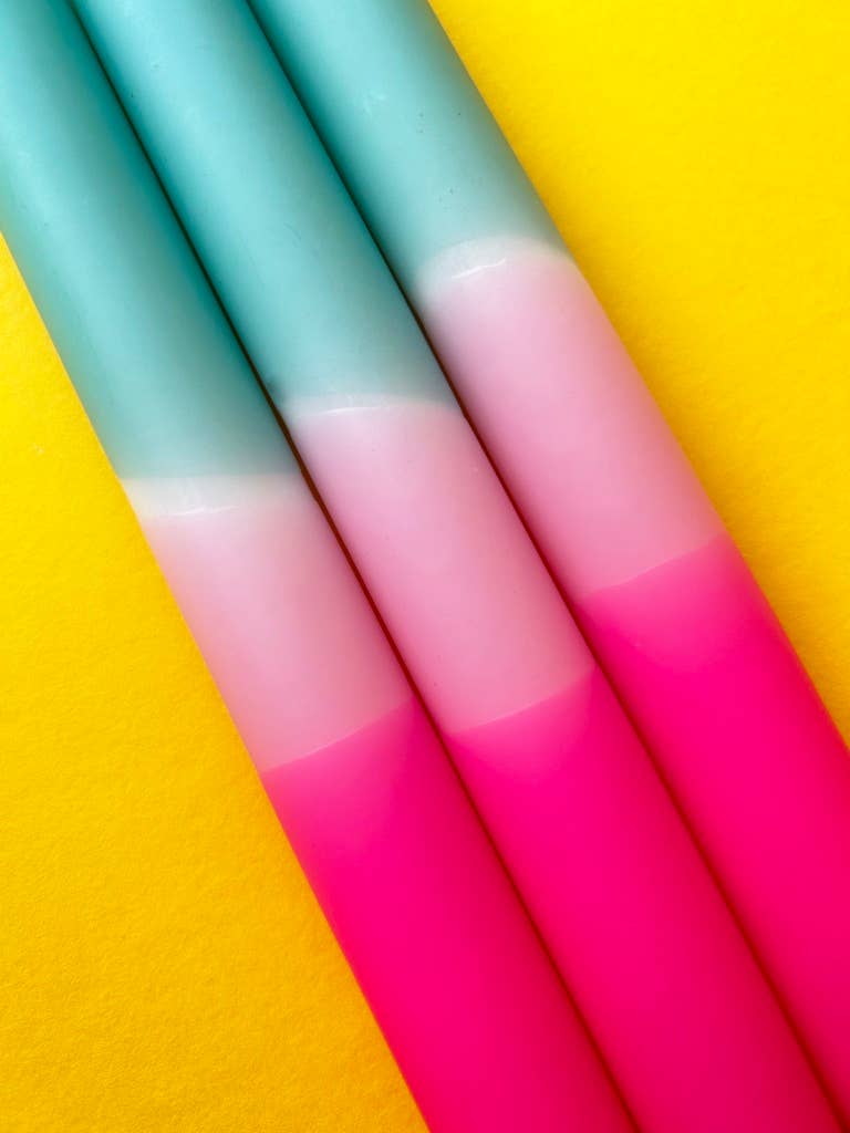 The Colour Emporium – wholesale Tapered candle/candlestick – TURQUOISE FLAMINGO Dip Dye Dinner Candle Trio1
