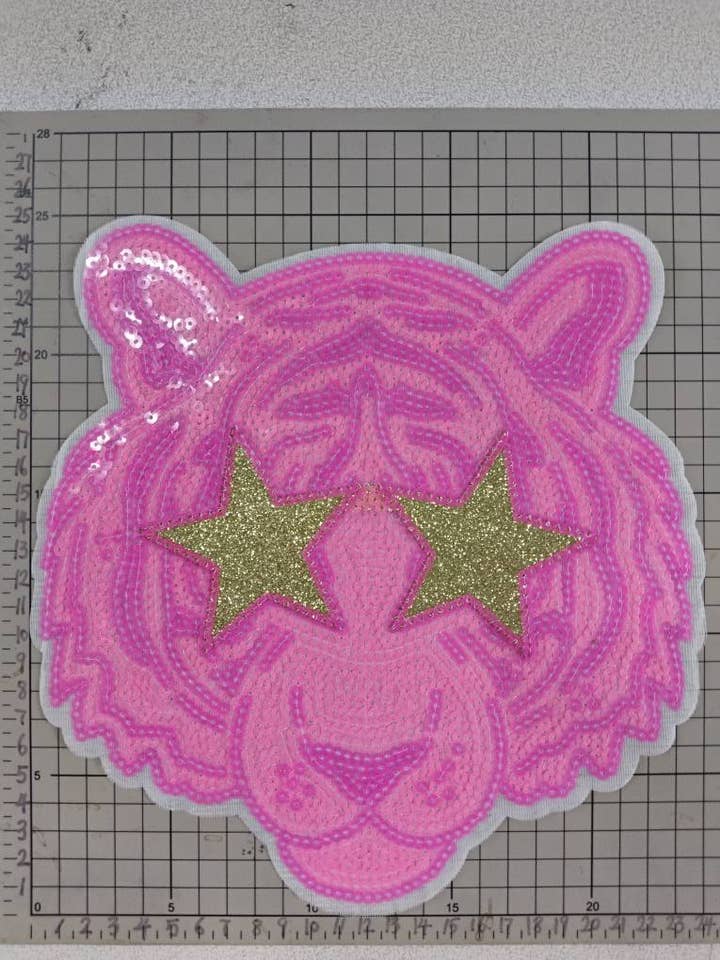 Hot Pink Sequin Tiger Mascot Patch for wholesale by Scratch Decor