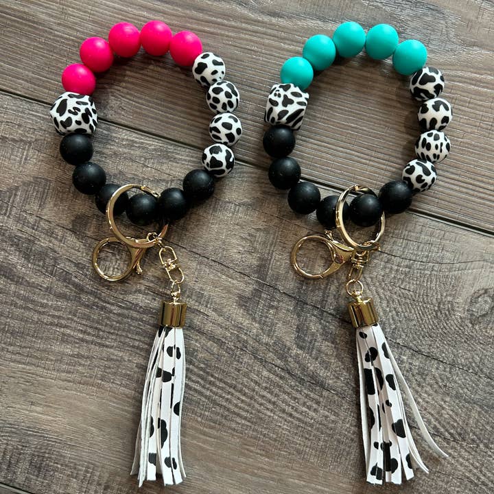 JILLIAN INK LLC - Wholesale Keychain Bracelet - Western Style Wristlet Keychain in Pink or Teal Cow